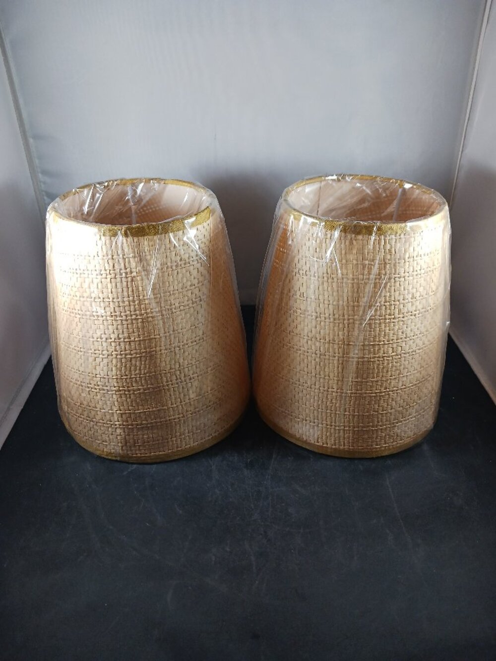 Vintage Woven Burlap Clip On Lamp Shades Pair Small Rustic Cottage